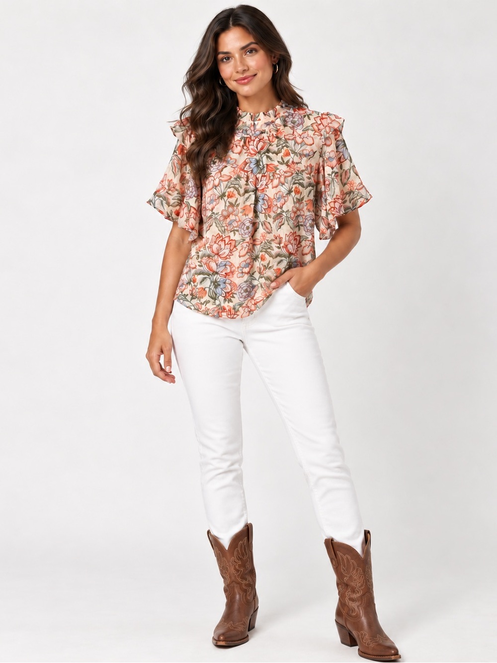 LOFT Cream Floral Ruffle-Neck Short Sleeve Blouse